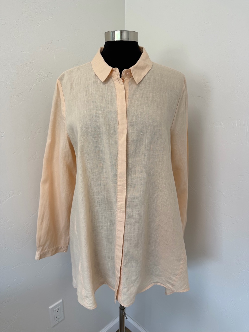 Eileen Fisher Peach Long Sleeve Button-Front Irish Linen Tunic Shirt Size XL